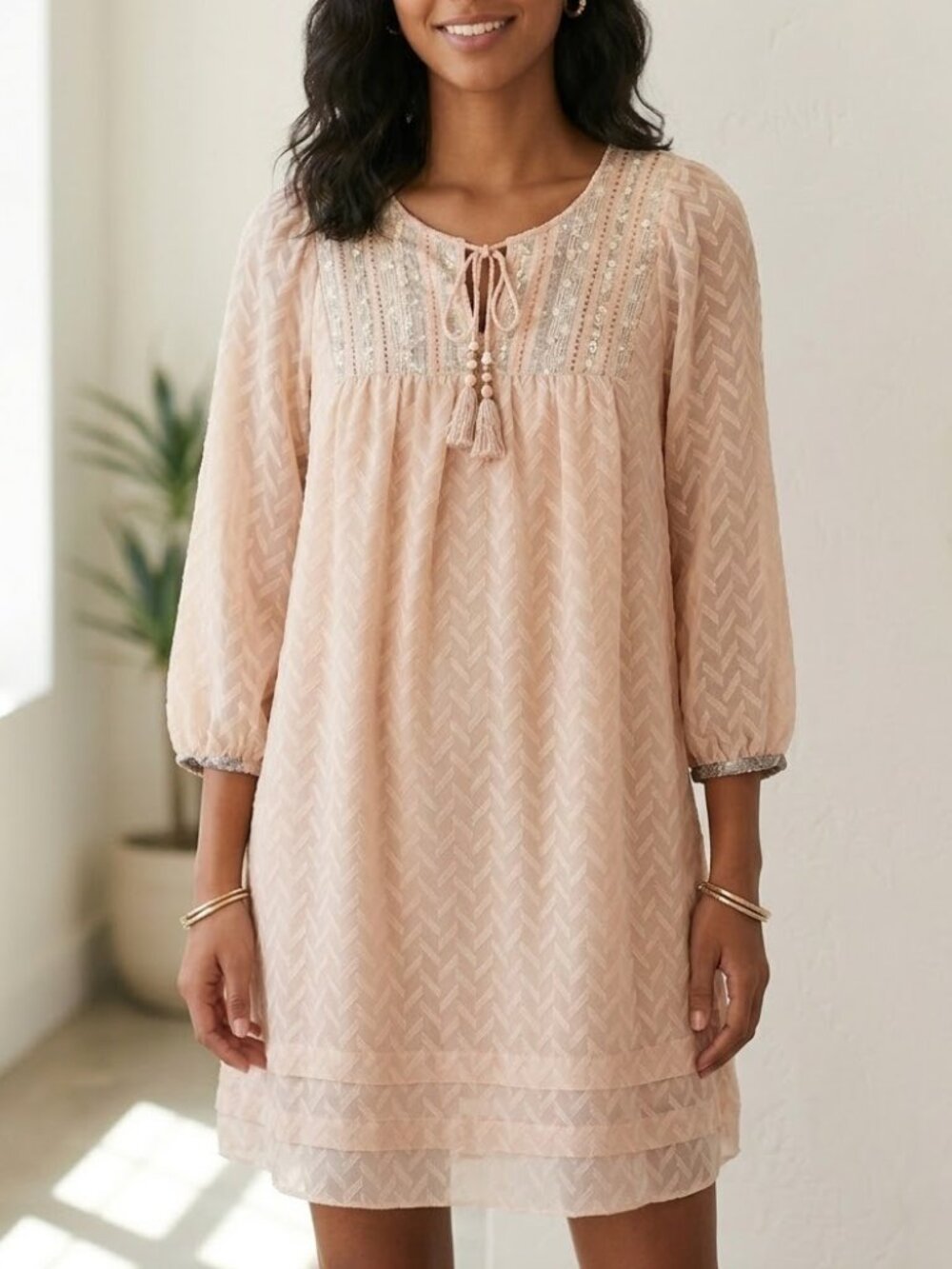 Anthropologie One September Blush Pink Chevron Jacquard Mini Dress Medium